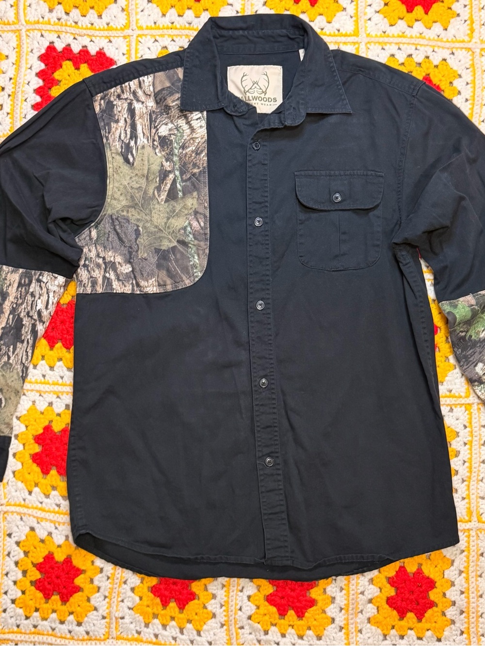 Tallwoods Black Button-Up Shirt with Camouflage Panels